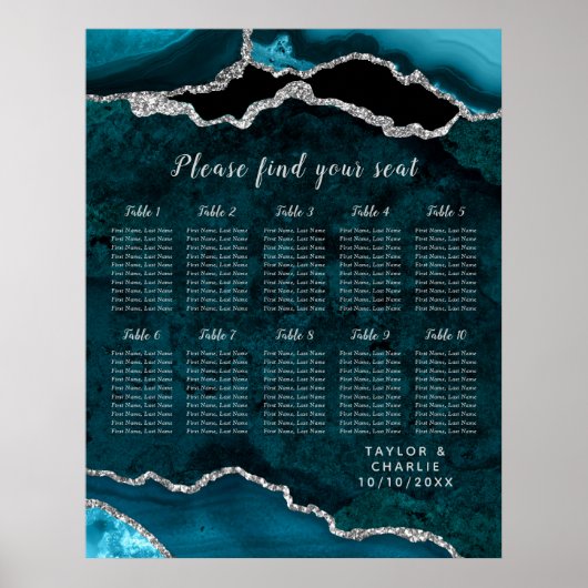 Teal Silver Agate Wedding Seating Chart 10 Table Poster (Voorkant)