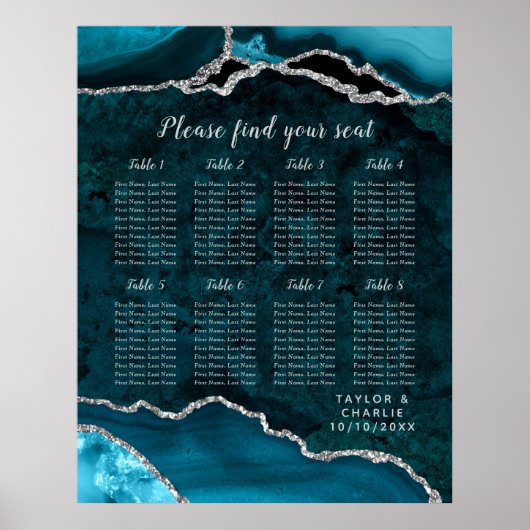 Teal Silver Agate Wedding Seating Chart 8 Table Poster (Voorkant)