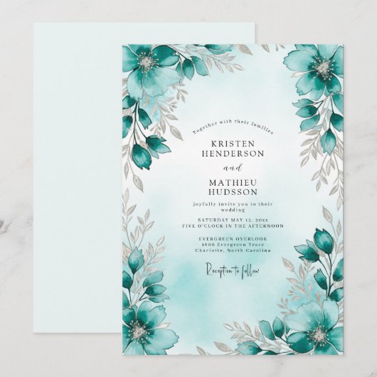 Teal Silver Botanical Winter Wedding Kaart (Voorkant / Achterkant)