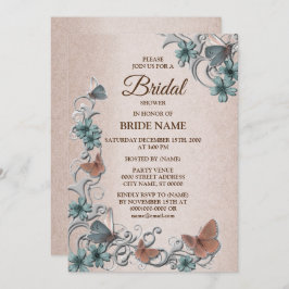 Teal Silver Floral Butterfly Tan Bridal Shower Kaart