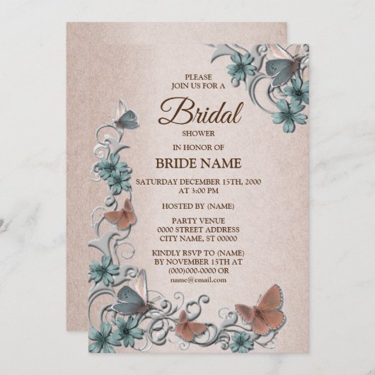 Teal Silver Floral Butterfly Tan Bridal Shower Kaart (Voorkant / Achterkant)