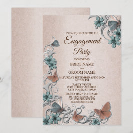 Teal Silver Floral Butterfly Tan Engagement party Kaart