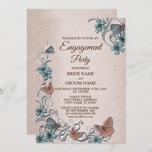 Teal Silver Floral Butterfly Tan Engagement party Kaart (Voorkant / Achterkant)