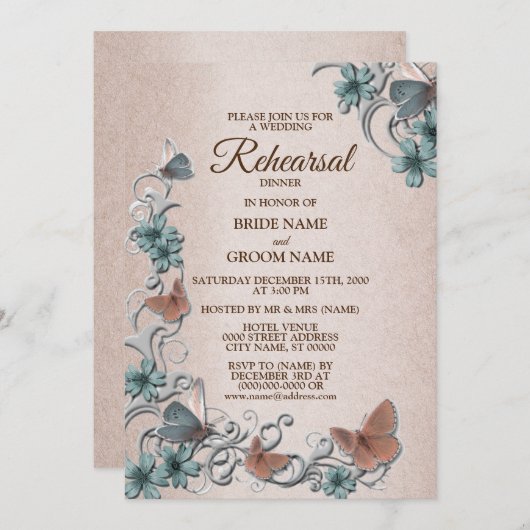 Teal Silver Floral Butterfly Tan Rehearsal Dinner Kaart (Voorkant / Achterkant)