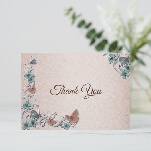 Teal Silver Floral Copper Butterfly Tan Wedding Bedankkaart (Staand voorkant)