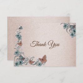 Teal Silver Floral Copper Butterfly Tan Wedding Bedankkaart