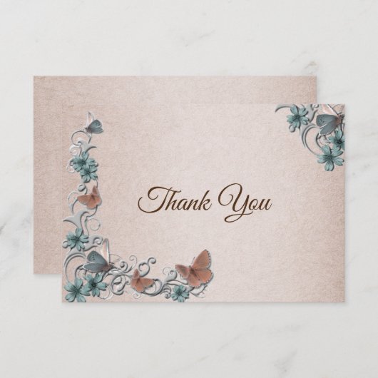 Teal Silver Floral Copper Butterfly Tan Wedding Bedankkaart (Voorkant / Achterkant)