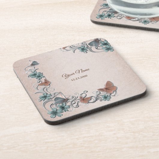 Teal Silver Floral Copper Butterfly Tan Wedding Bier Onderzetter (Linkerzijde)