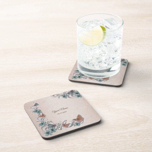 Teal Silver Floral Copper Butterfly Tan Wedding Bier Onderzetter (Rechterzijde)