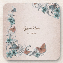 Teal Silver Floral Copper Butterfly Tan Wedding Bier Onderzetter