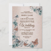Teal Silver Floral Copper Butterfly Tan Wedding Kaart (Voorkant)