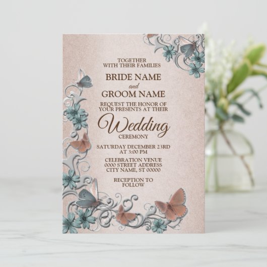 Teal Silver Floral Copper Butterfly Tan Wedding Kaart (Staand voorkant)