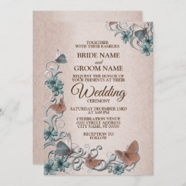Teal Silver Floral Copper Butterfly Tan Wedding Kaart
