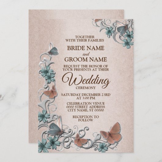 Teal Silver Floral Copper Butterfly Tan Wedding Kaart (Voorkant / Achterkant)