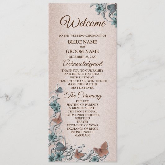 Teal Silver Floral Copper Butterfly Tan Wedding Programmakaart (Voorkant)