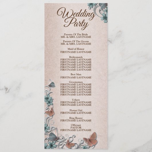 Teal Silver Floral Copper Butterfly Tan Wedding Programmakaart (Achterkant)