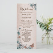 Teal Silver Floral Copper Butterfly Tan Wedding Programmakaart (Staand voorkant)