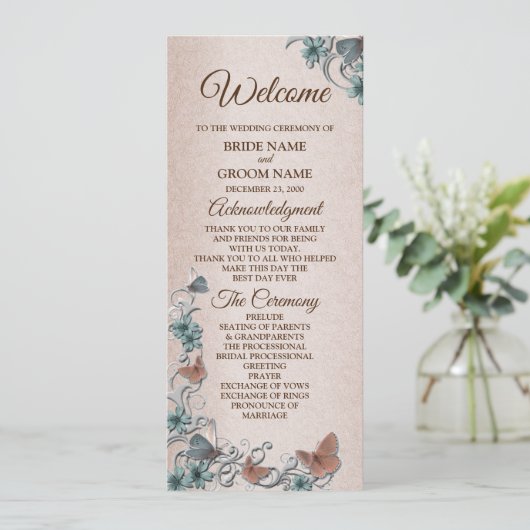 Teal Silver Floral Copper Butterfly Tan Wedding Programmakaart (Staand voorkant)