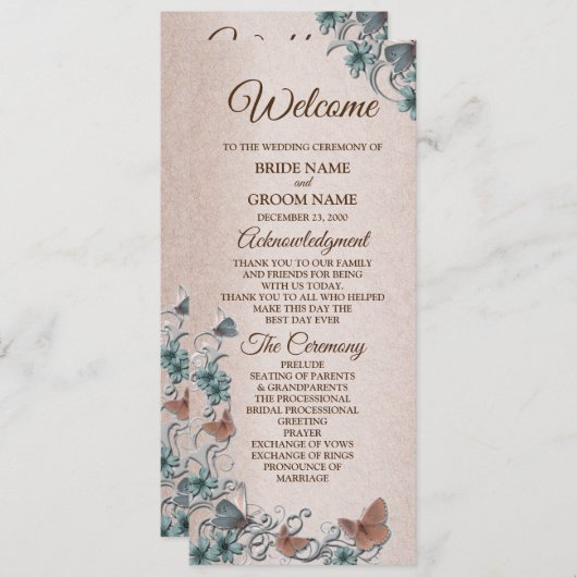 Teal Silver Floral Copper Butterfly Tan Wedding Programmakaart (Voorkant / Achterkant)