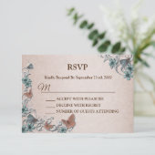 Teal Silver Floral Copper Butterfly Tan Wedding RSVP Kaartje (Staand voorkant)
