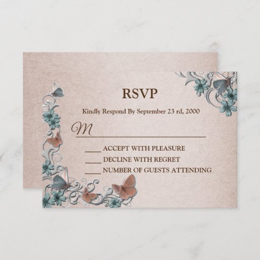 Teal Silver Floral Copper Butterfly Tan Wedding RSVP Kaartje (Voorkant / Achterkant)