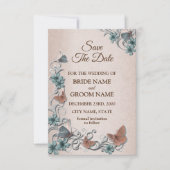 Teal Silver Floral Copper Butterfly Tan Wedding Save The Date (Voorkant)