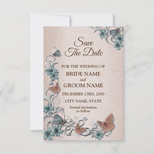 Teal Silver Floral Copper Butterfly Tan Wedding Save The Date (Voorkant)