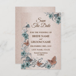 Teal Silver Floral Copper Butterfly Tan Wedding Save The Date