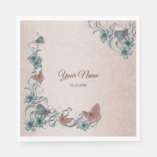 Teal Silver Floral Copper Butterfly Tan Wedding Servet (Voorkant)