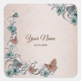 Teal Silver Floral Copper Butterfly Tan Wedding Vierkante Sticker