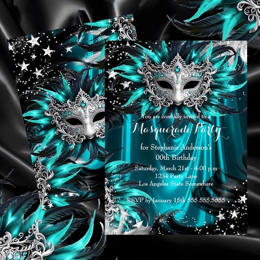 Teal Silver Sparkle Magical Night Masquerade Party Kaart