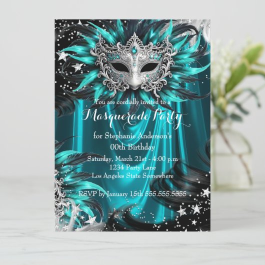 Teal Silver Sparkle Magical Night Masquerade Party Kaart (Staand voorkant)