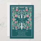 Teal Silver Sword Floral Medieval Fantasy Wedding Kaart (Voorkant)