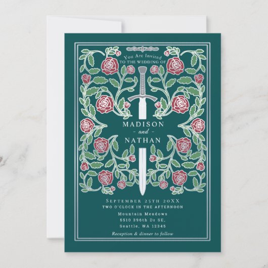 Teal Silver Sword Floral Medieval Fantasy Wedding Kaart (Voorkant)