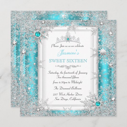 Teal Silver Winter Wonderland Sweet 16 Kaart (Voorkant / Achterkant)