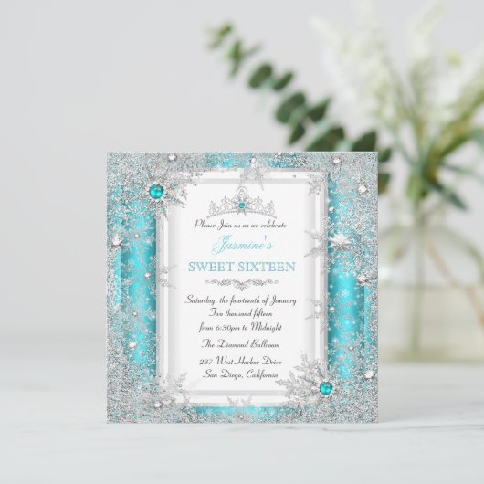 Teal Silver Winter Wonderland Sweet 16 Kaart (Staand voorkant)