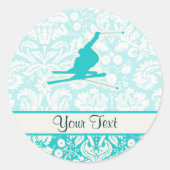 Teal Snow Skiing Ronde Sticker (Voorkant)