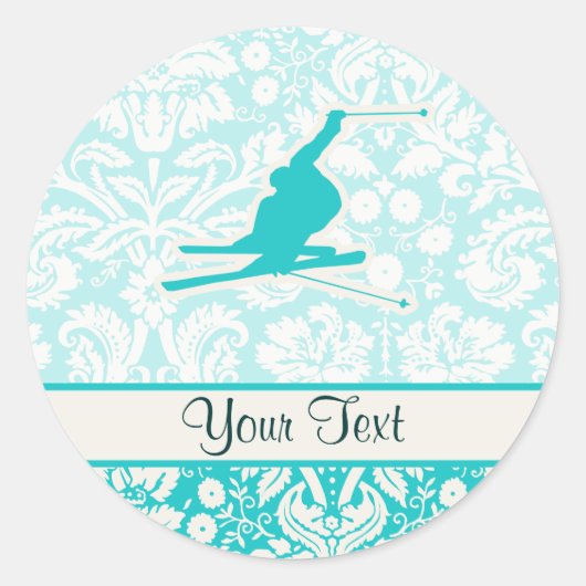 Teal Snow Skiing Ronde Sticker (Voorkant)
