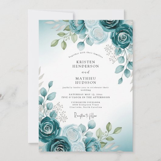 Teal Soft Watercolor Botanical Wedding Kaart (Voorkant)