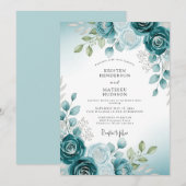 Teal Soft Watercolor Botanical Wedding Kaart (Voorkant / Achterkant)