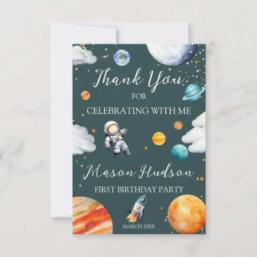 Teal Space Astronaut First Birthday Bedankkaart (Voorkant)