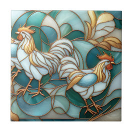 Teal Stained Glass Roosters Elegant Farmhouse Tegeltje