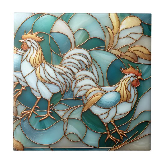 Teal Stained Glass Roosters Elegant Farmhouse Tegeltje (Voorkant)