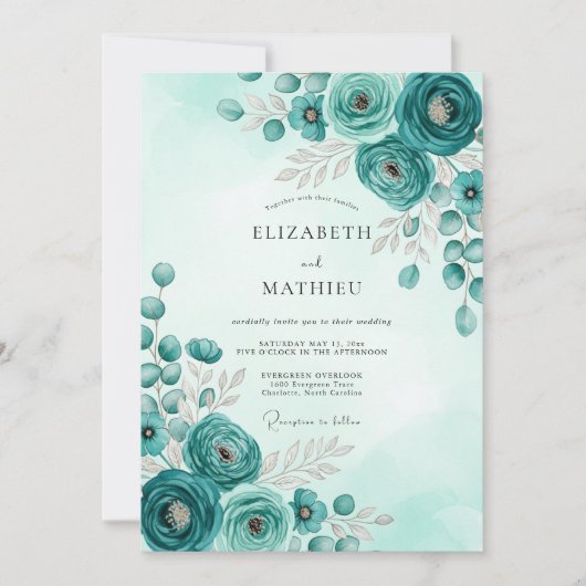 Teal Stately Botanical Wedding Kaart (Voorkant)