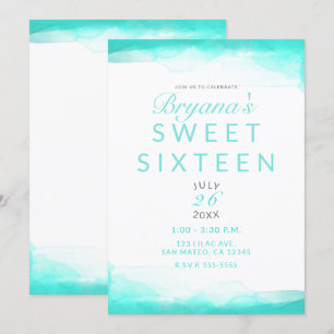 Teal Strand Aqua Aquarel Modern Chic Sweet 16 Kaart