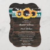 Teal Sunflower Rustic Wood String Lights Wedding Kaart (Voorkant / Achterkant)