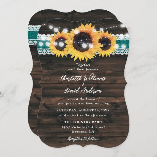 Teal Sunflower Rustic Wood String Lights Wedding Kaart (Voorkant / Achterkant)
