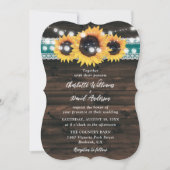 Teal Sunflower Rustic Wood String Lights Wedding Kaart (Voorkant)
