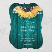 Teal Sunflower String Lights Wood Wedding Kaart (Voorkant / Achterkant)