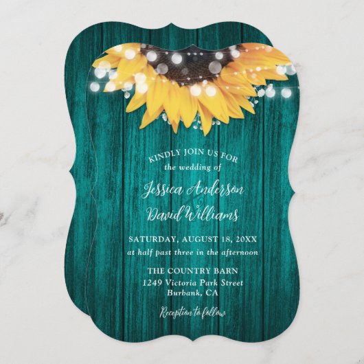 Teal Sunflower String Lights Wood Wedding Kaart (Voorkant / Achterkant)
